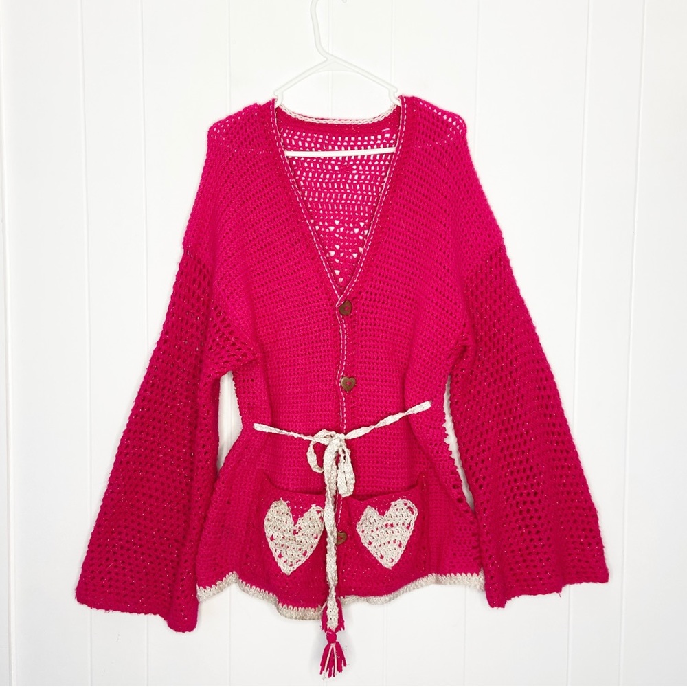 💖HAND-KNIT Pink Chunky Cardigan Belted Heart Patch Pockets Whimsical Crochet